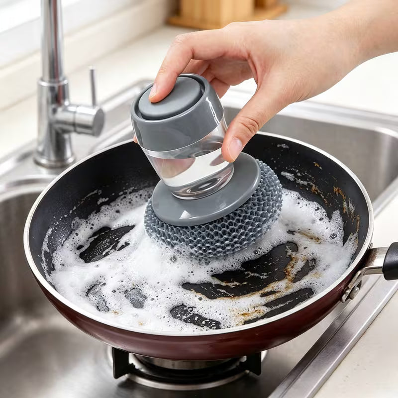 Soap Dispensing Dish Scrubber Brush – Kitchen Cleaning Brush with Steel Wire Ball & Soap Dispenser
