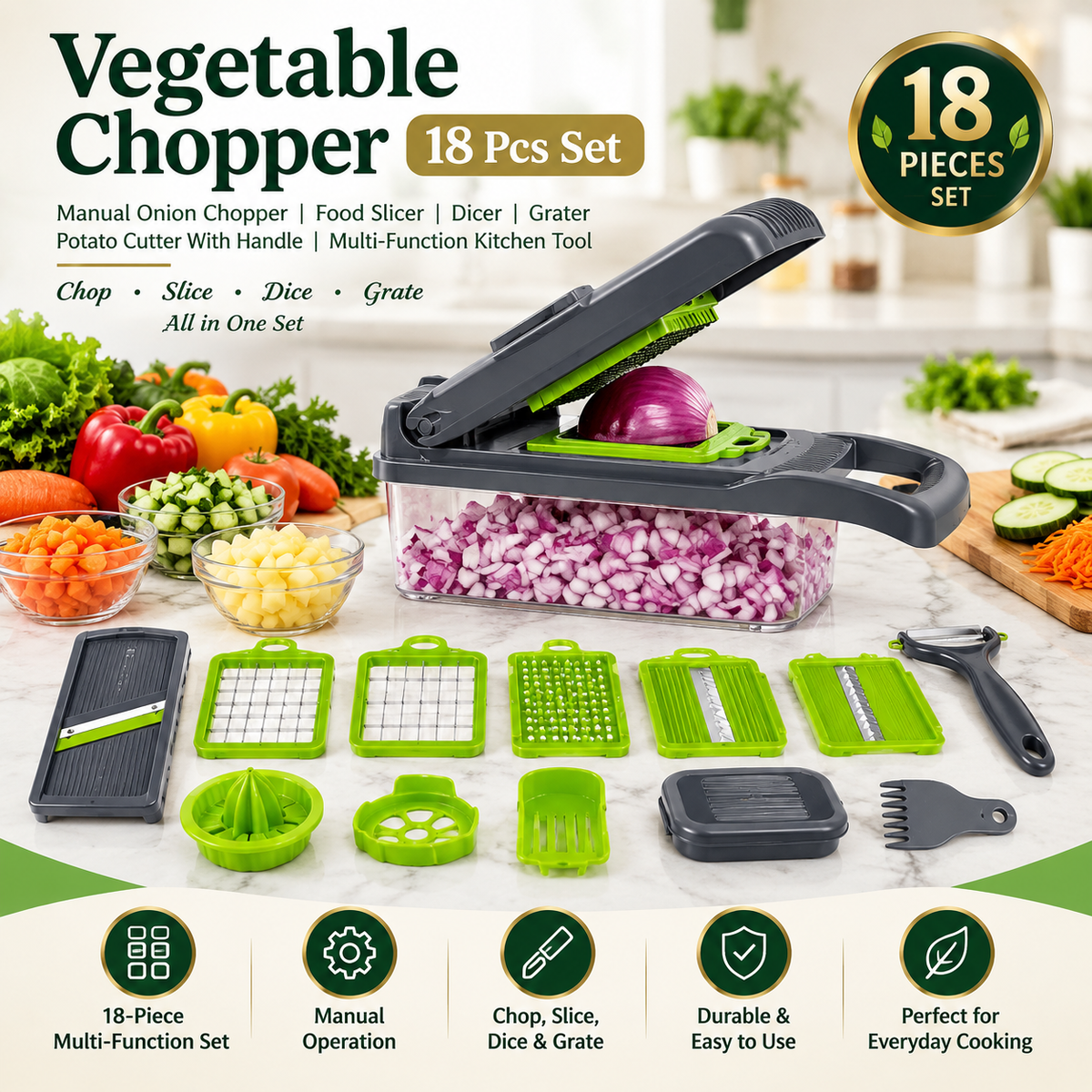 Vegetable Chopper 18 Pcs – Manual Food Slicer, Dicer & Grater