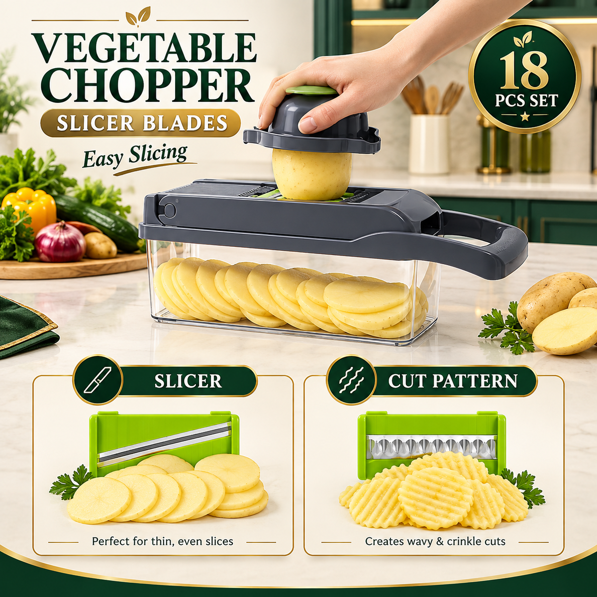 Vegetable Chopper 18 Pcs – Manual Food Slicer, Dicer & Grater