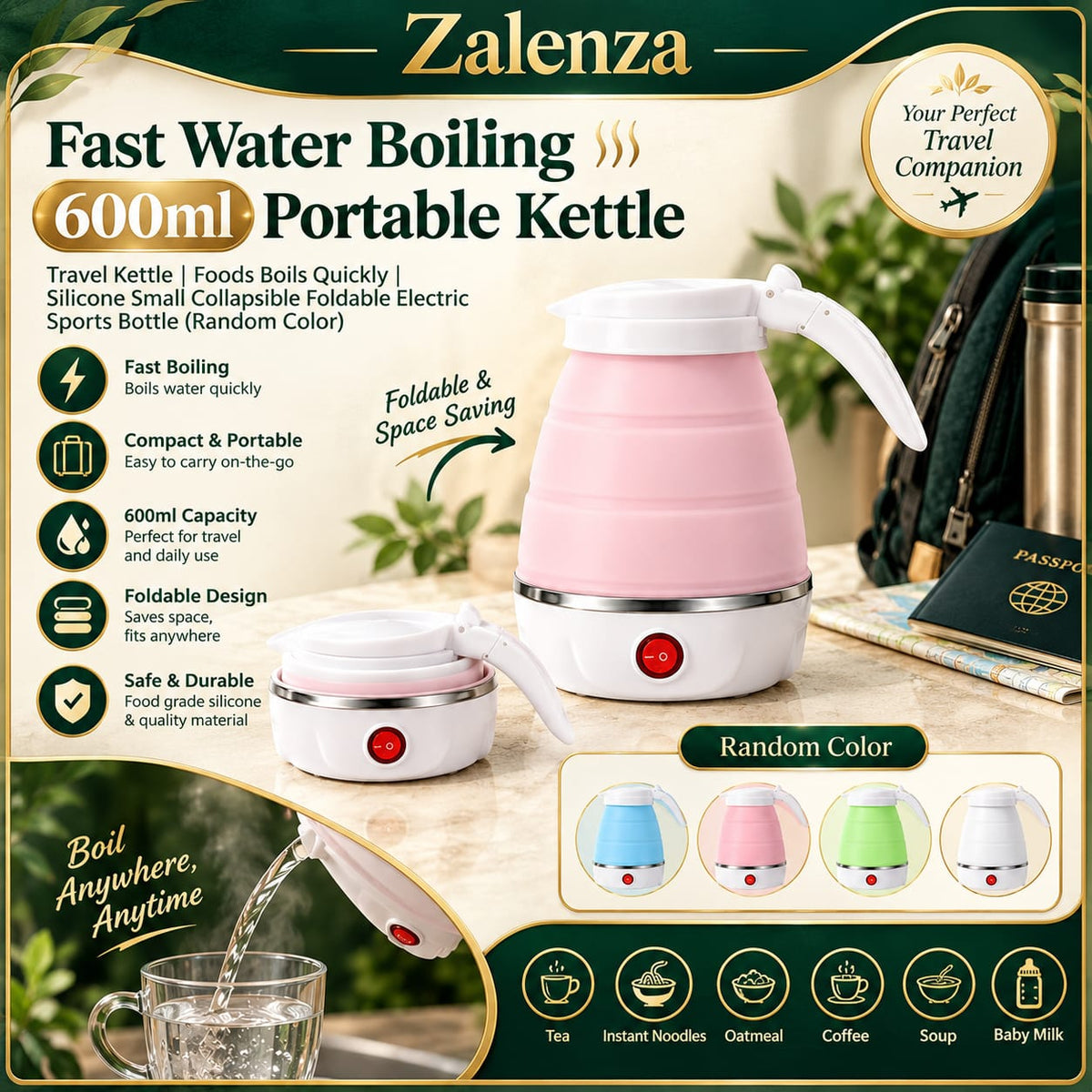 600ml Portable Electric Travel Kettle – Fast Boiling Collapsible Silicone