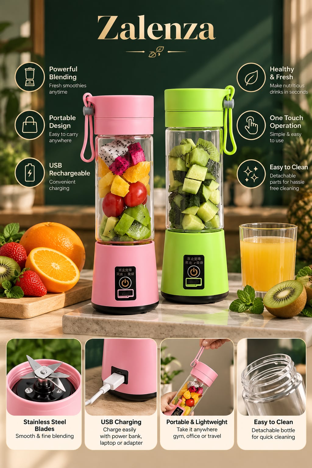 Portable USB Rechargeable Blender – 6-Blade Mini Smoothie Maker & Juicer Cup