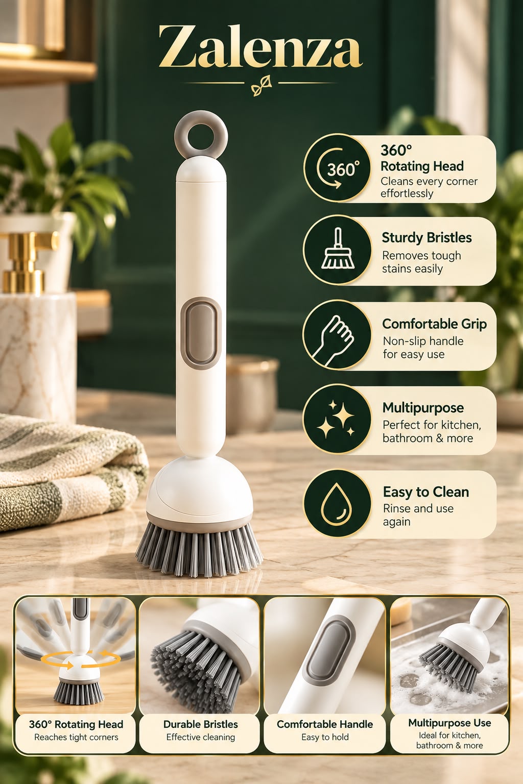Soap Dispensing Dish Scrubber Brush with Adjustable Handle – Refillable PET Cleaning Brush for Pots, Pans & Sink