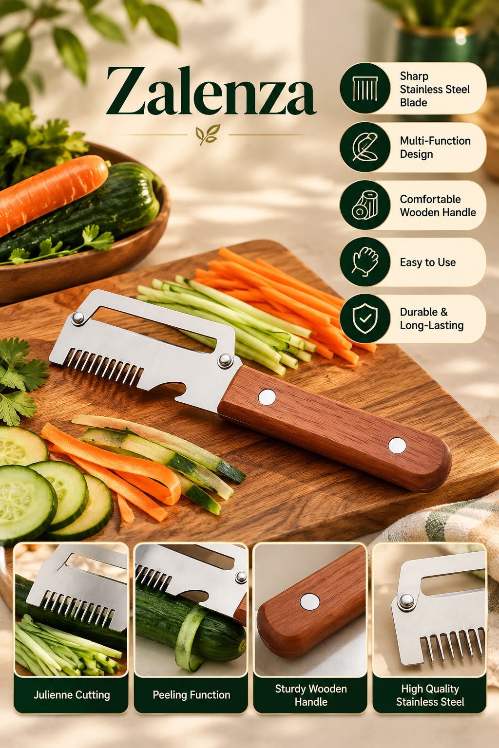 3-in-1 Vegetable Peeler – Stainless Steel Fruit & Vegetable Cutter with Wooden Handle