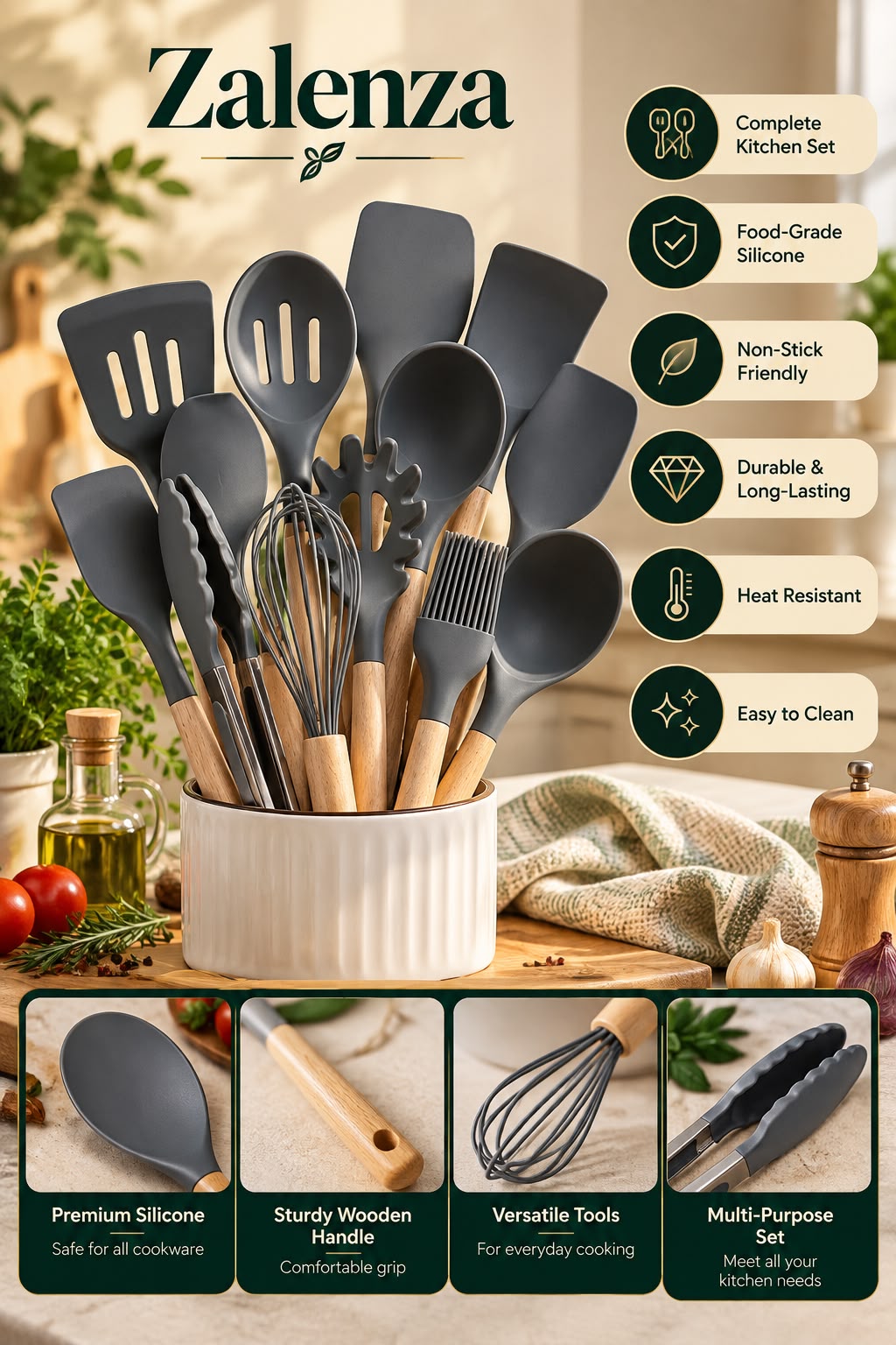 12-Piece Non-Stick Silicone & Wooden Kitchen Utensil Set – Heat Resistant Cooking Spatula, Tongs & Spoon Set (BPA-Free)