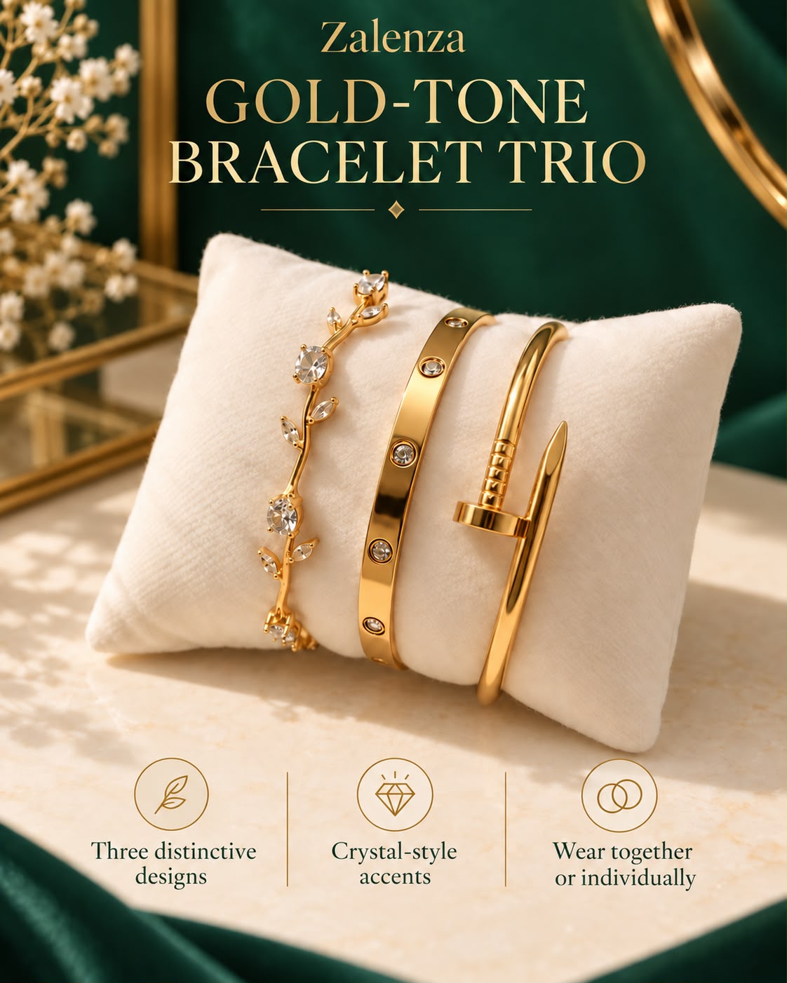 3-Piece Golden Cartier & Nail Style Bracelet Set