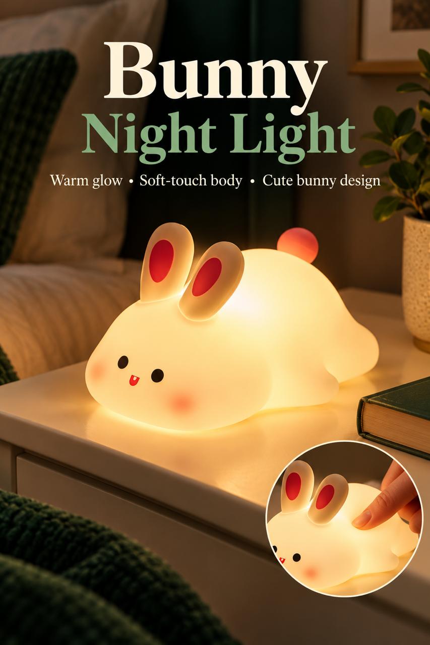Cute Rabbit Silicone Touch Night Light – Soft Rechargeable LED Bedside Lamp for Kids Room & Home Decor