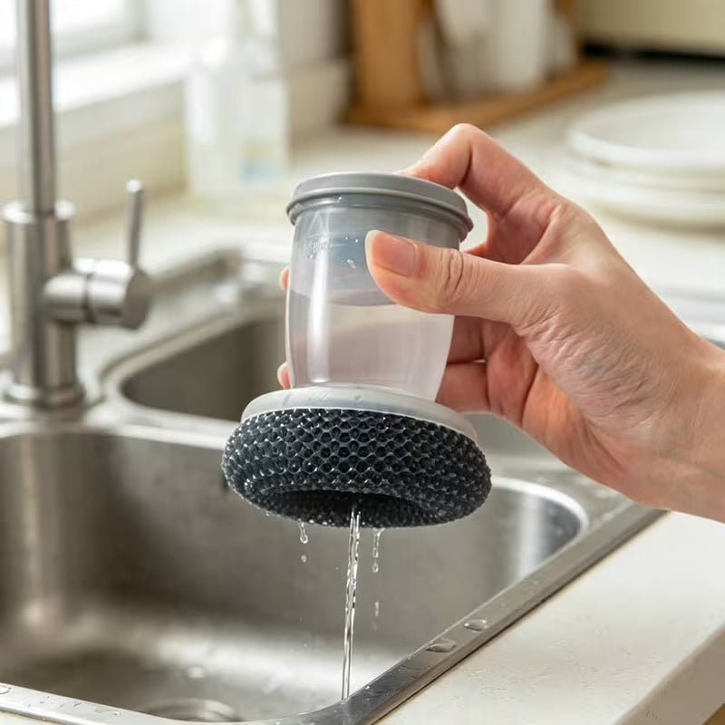 Soap Dispensing Dish Scrubber Brush β Kitchen Cleaning Brush with Steel Wire Ball & Soap Dispenser