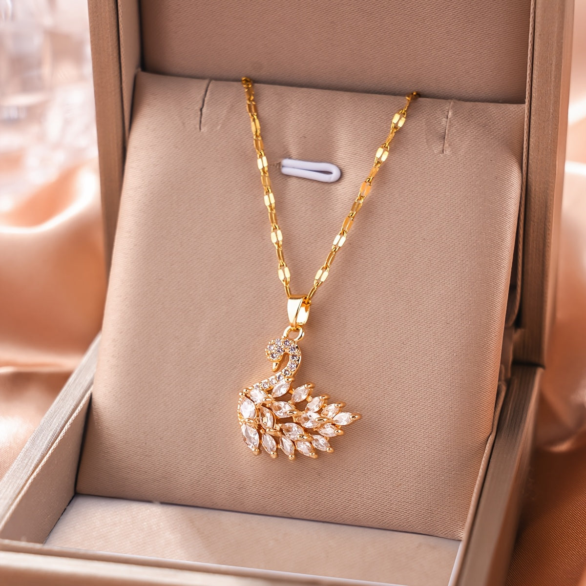 Swan Zircon Pendant Necklace – 14K Gold Plated Cubic Zirconia Jewelry in Gold.