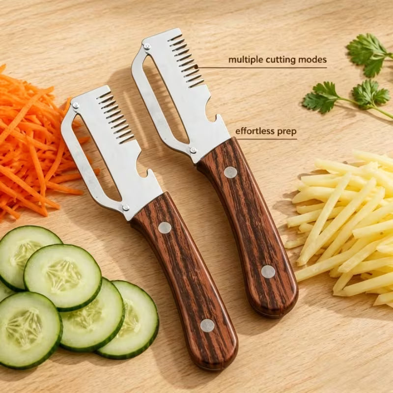 3-in-1 Vegetable Peeler – Stainless Steel Fruit & Vegetable Cutter with Wooden Handle