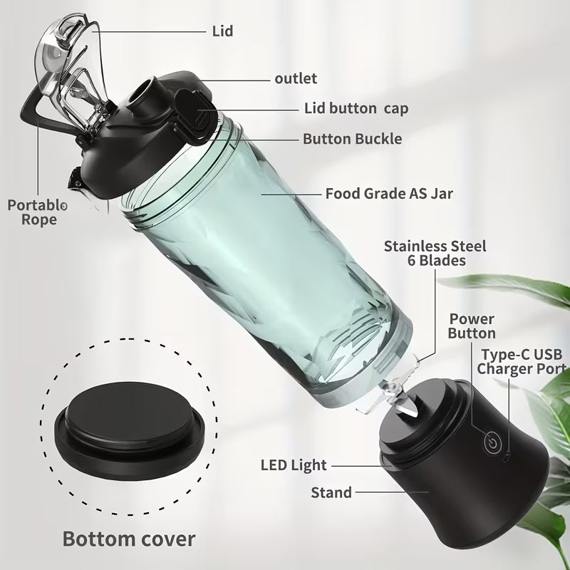 Portable USB Rechargeable Blender – 6-Blade Mini Smoothie Maker & Juicer Cup