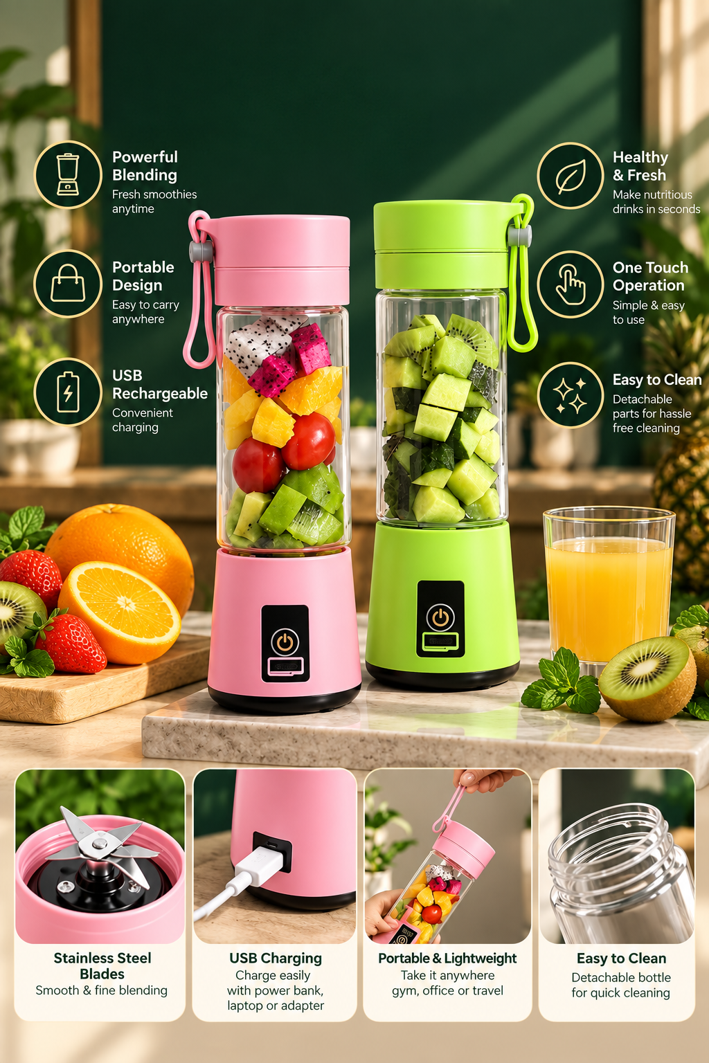 Portable USB Rechargeable Blender – 6-Blade Mini Smoothie Maker & Juicer Cup