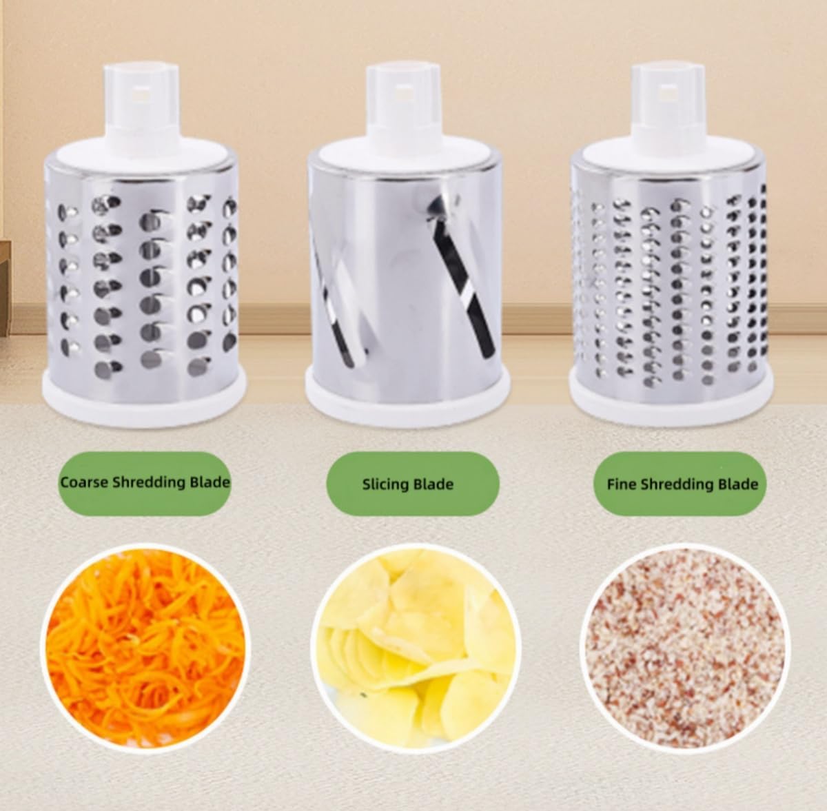 Multifunctional Hand Crank Rotary Drum Vegetable Cutter, 3-in-1 Kitchen Grater & Slicer with Interchangeable Stainless Steel Blades for Fruits, Vegetables, Cheese & Nuts