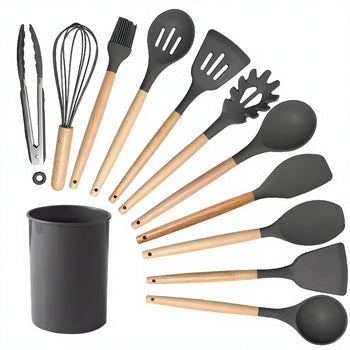 12-Piece Non-Stick Silicone & Wooden Kitchen Utensil Set – Heat Resistant Cooking Spatula, Tongs & Spoon Set (BPA-Free)