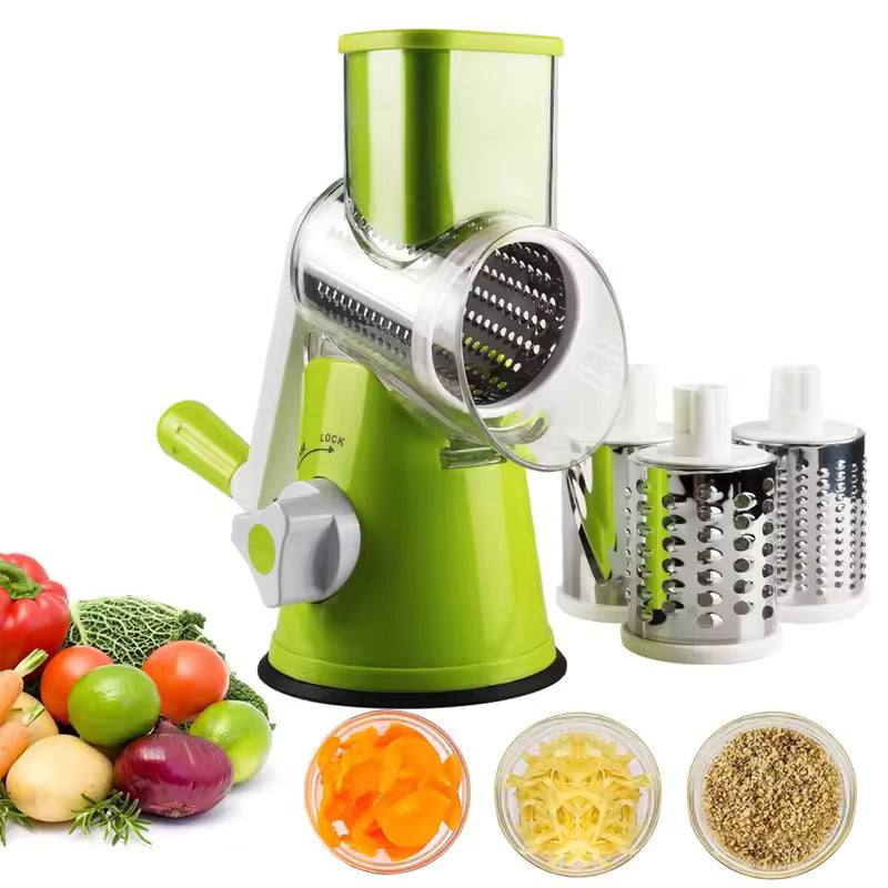 Multifunctional Hand Crank Rotary Drum Vegetable Cutter, 3-in-1 Kitchen Grater & Slicer with Interchangeable Stainless Steel Blades for Fruits, Vegetables, Cheese & Nuts
