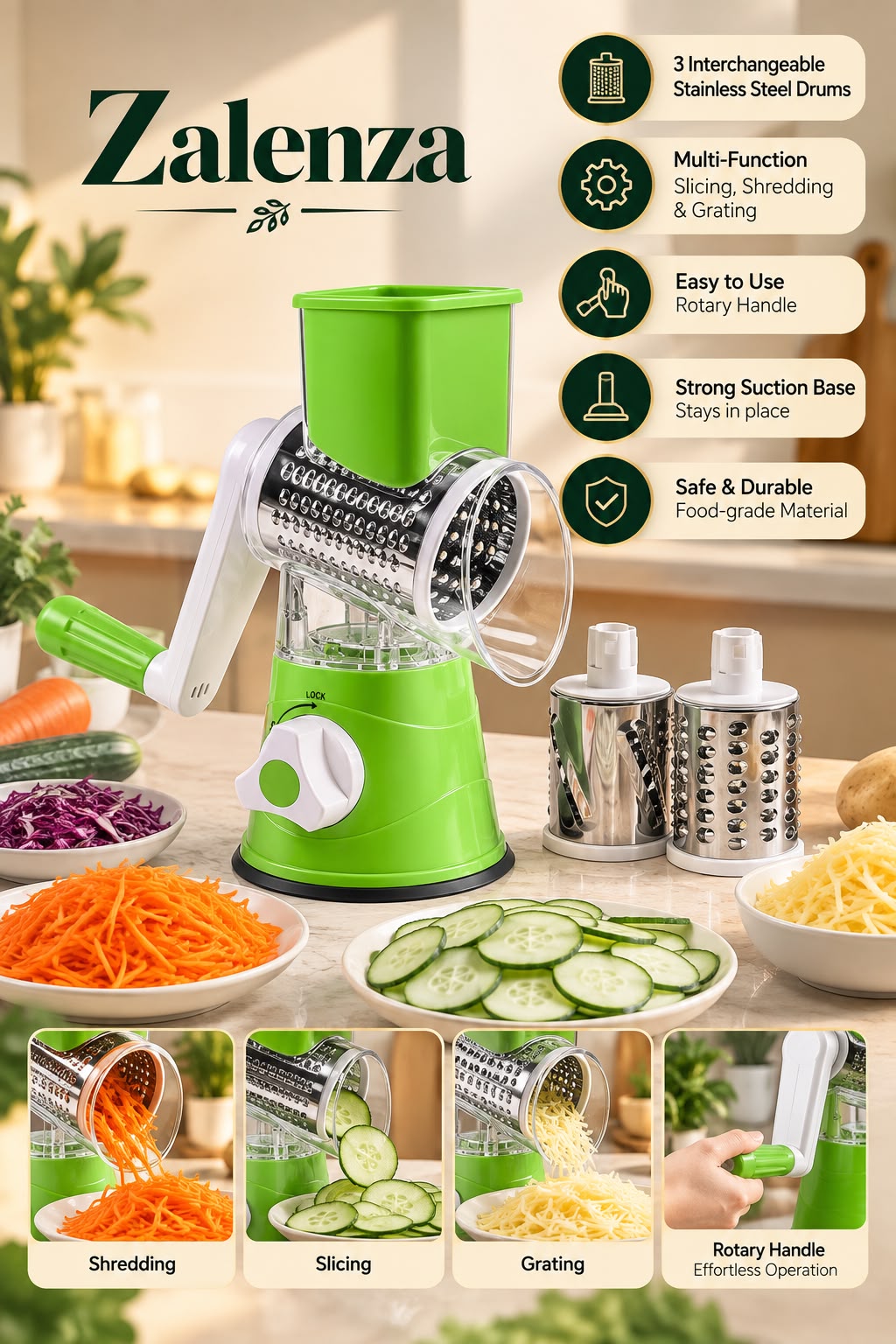 Multifunctional Hand Crank Rotary Drum Vegetable Cutter, 3-in-1 Kitchen Grater & Slicer with Interchangeable Stainless Steel Blades for Fruits, Vegetables, Cheese & Nuts