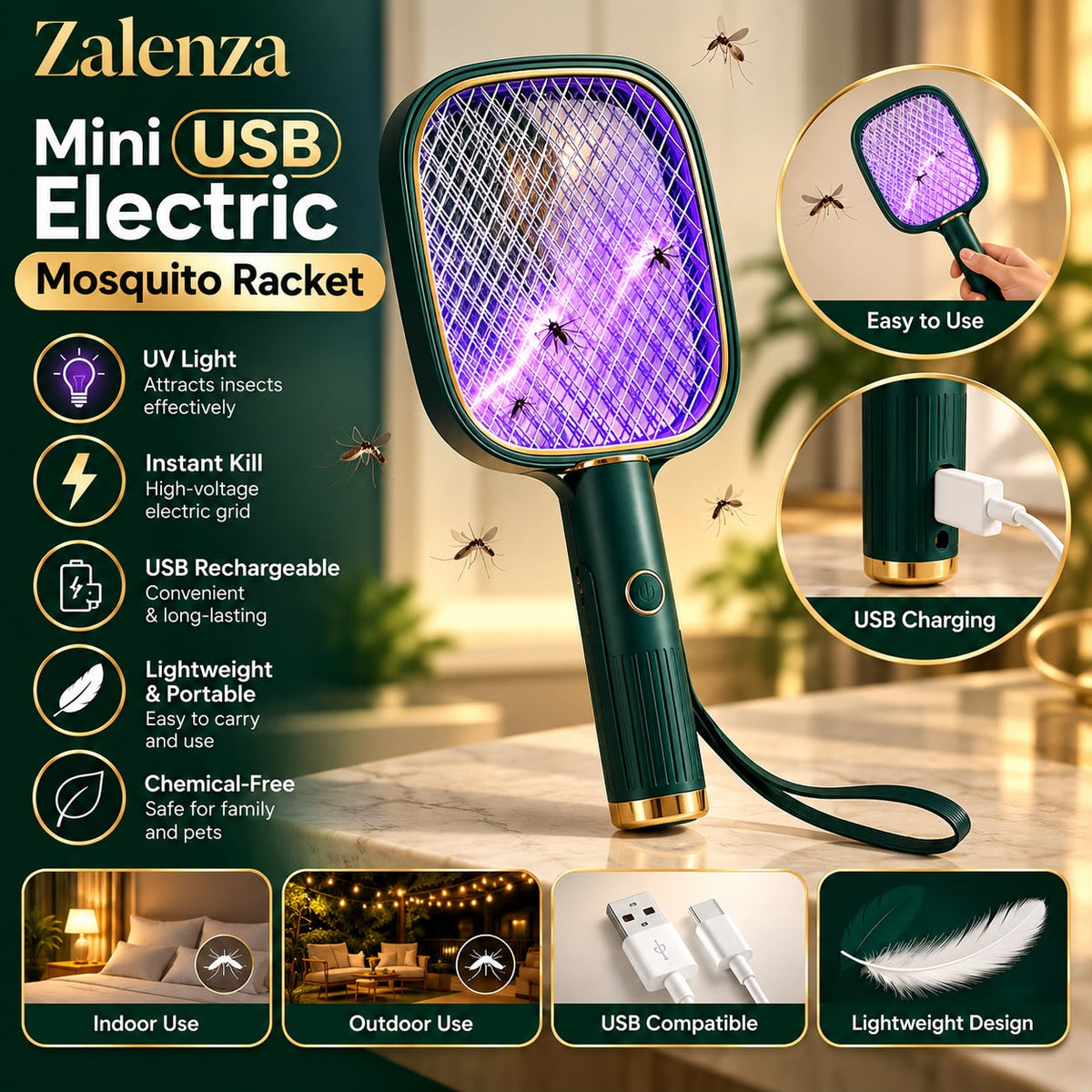 USB Rechargeable Electric Mosquito Killer Racket – Portable UV Bug Zapper & Fly Swatter for Indoor & Outdoor Use