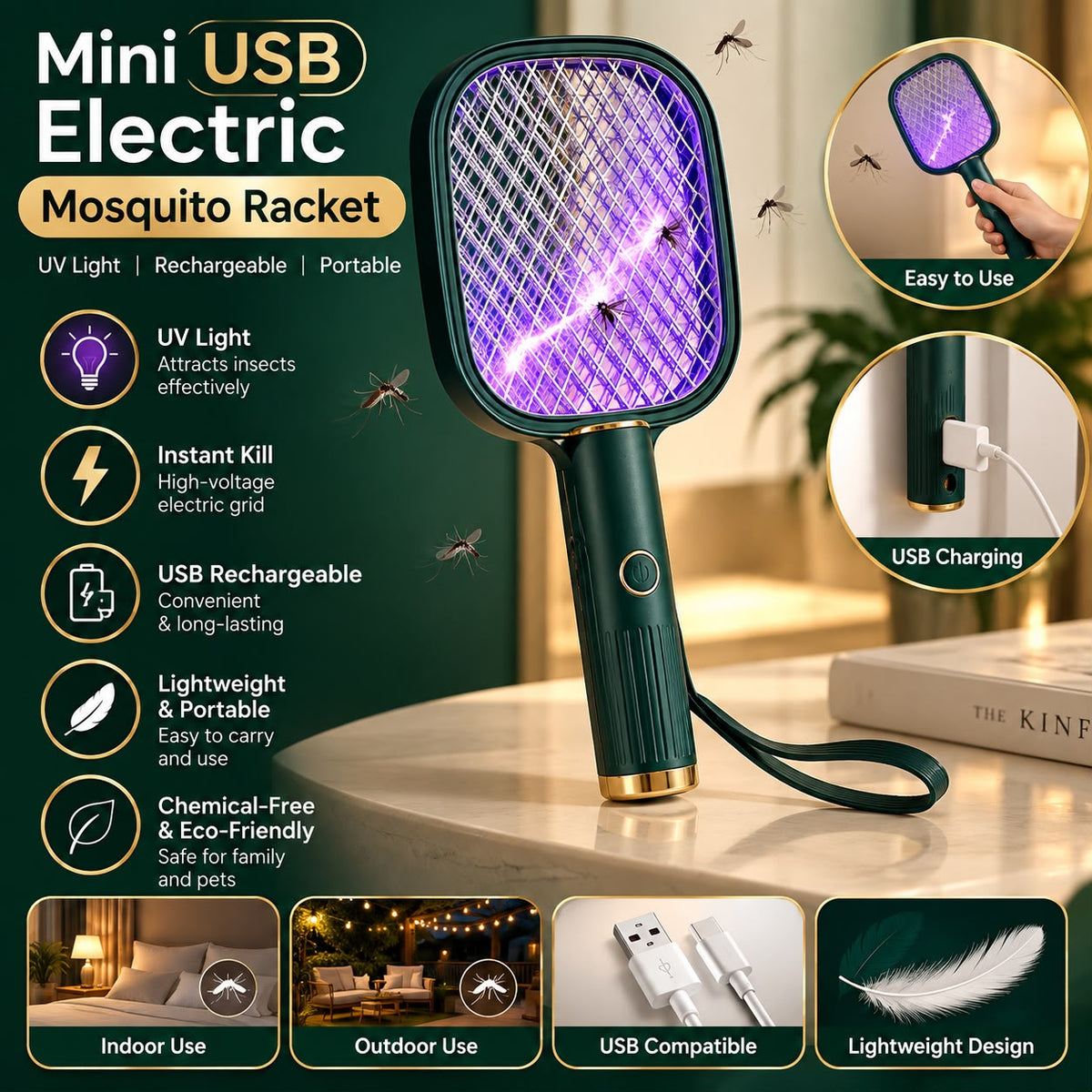 USB Rechargeable Electric Mosquito Killer Racket – Portable UV Bug Zapper & Fly Swatter for Indoor & Outdoor Use