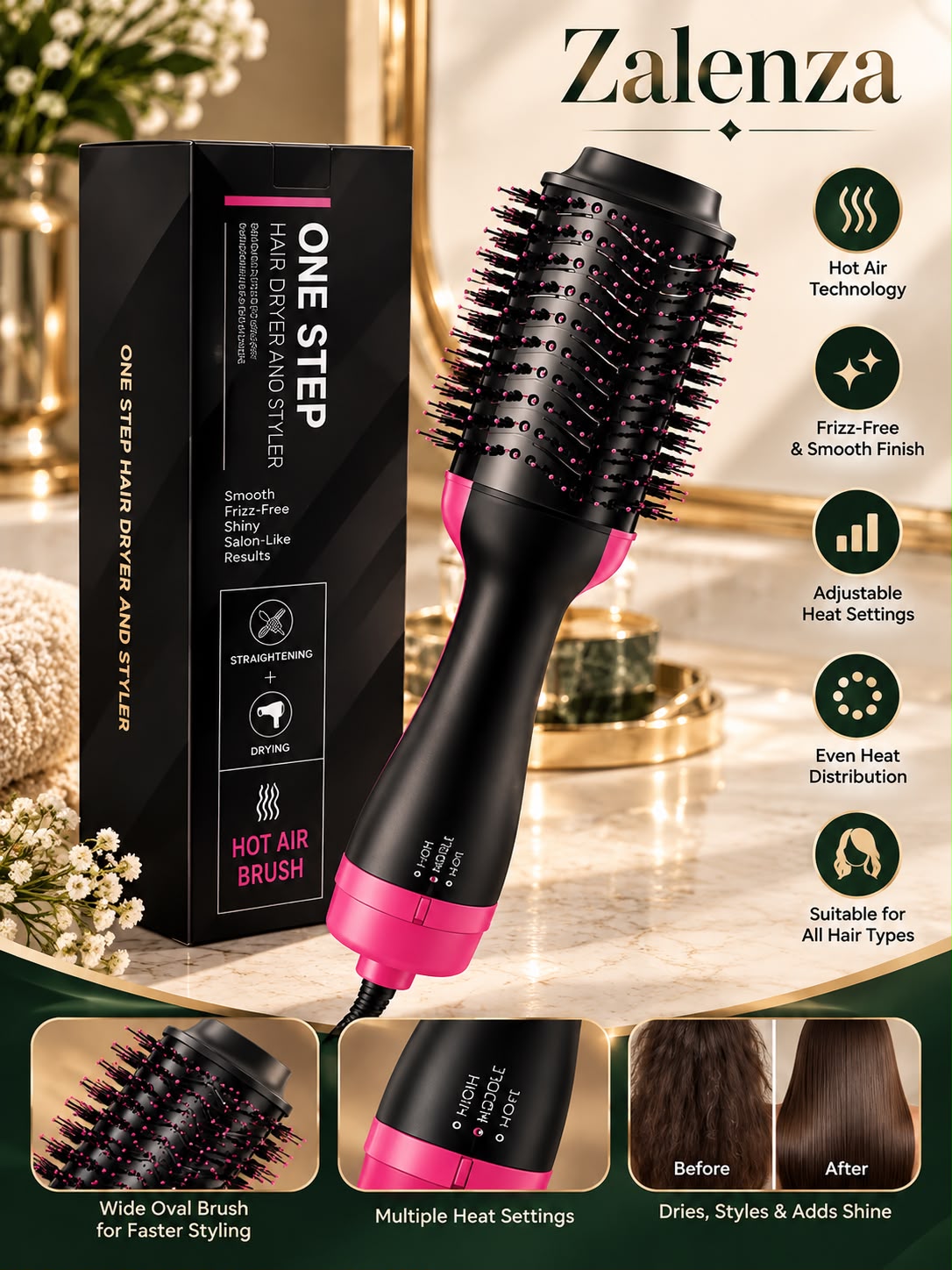 One-Step Hot Air Brush – Hair Dryer & Styler 3-in-1, Volumizing Blow Dry Brush for Smooth, Shiny & Salon-Style Hair