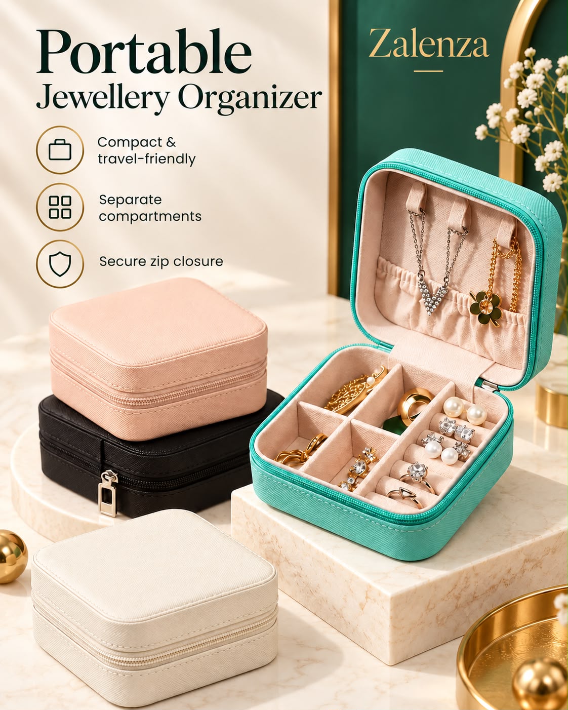 Leather Jewelry Storage Box & Cosmetic Organizer Stand – Portable Earrings & Ring Display Case