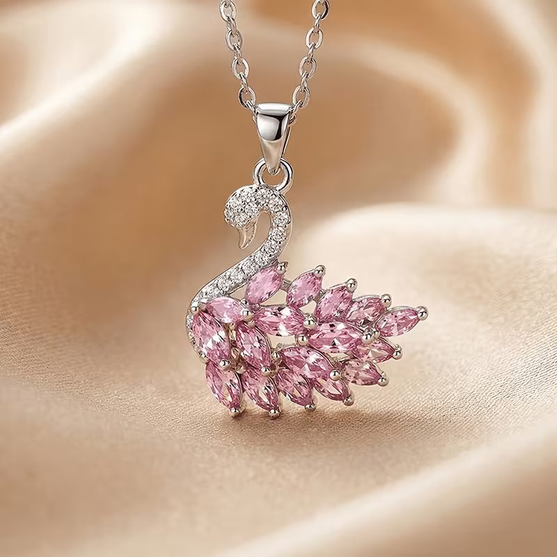 Swan Zircon Pendant Necklace – 14K Gold Plated Cubic Zirconia Jewelry in Gold.