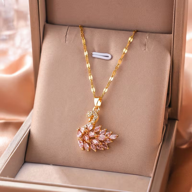 Swan Zircon Pendant Necklace – 14K Gold Plated Cubic Zirconia Jewelry in Gold.